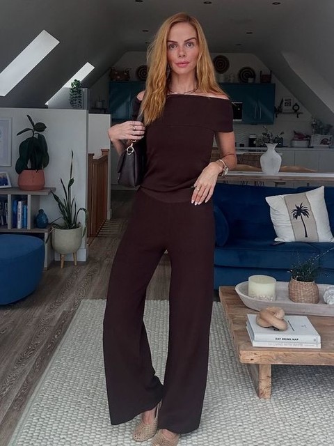 Mango compact knit off shoulder top co-ord in brown