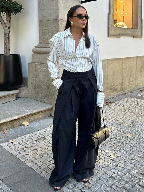 ASOS DESIGN cinched shoulder pads shirt with tie back in black pinstripe