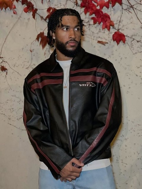 ASOS DESIGN faux leather boxy oversized motocross jacket in black with burgundy stripes