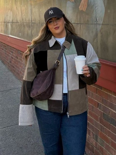 Topshop boxy faux suede patchwork zip through jacket in multi