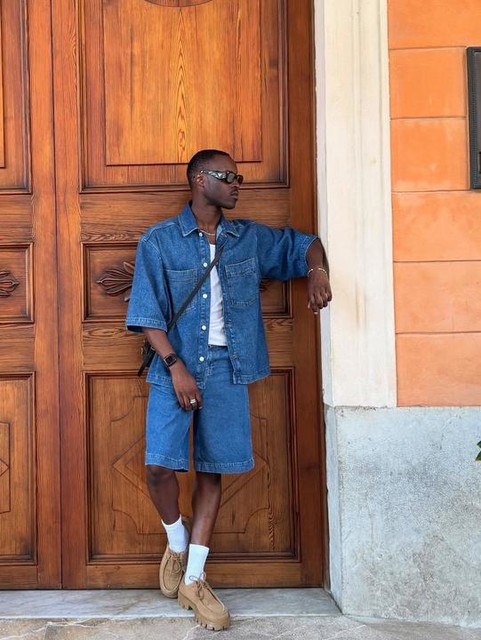 ASOS DESIGN oversized short sleeve denim shirt with patch pockets in mid wash blue - part of a set