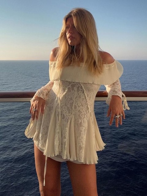 Murci exclusive lace bardot fit and flare godet detail mini dress in cream
