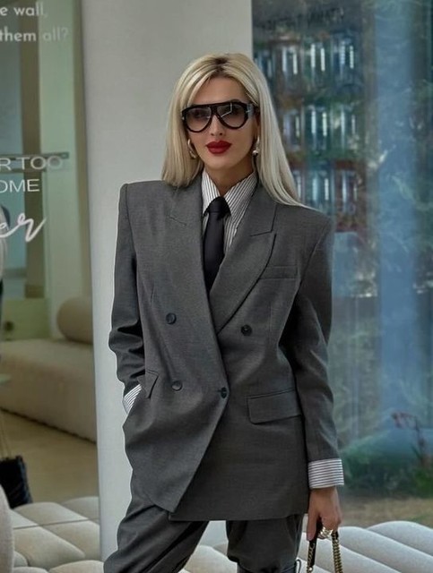 Topshop 80s double breasted oversized blazer in grey