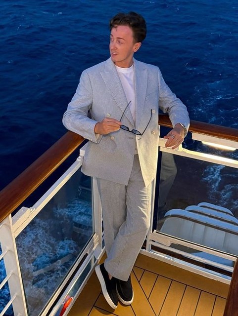 ASOS DESIGN linen mix slim suit jacket in blue pinstripe