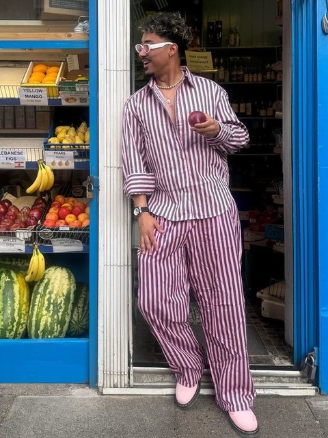 Topshop poplin stripe straight leg trouser in pink and purple stripe