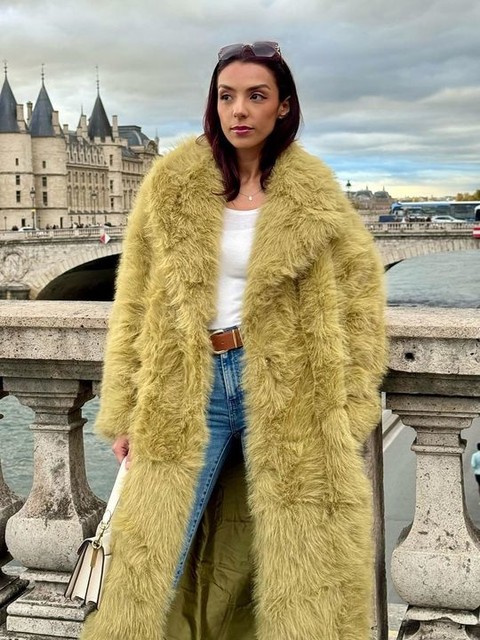 Topshop faux fur super long coat in green