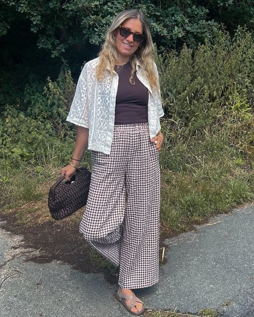 ASOS DESIGN wide leg trouser in brown gingham