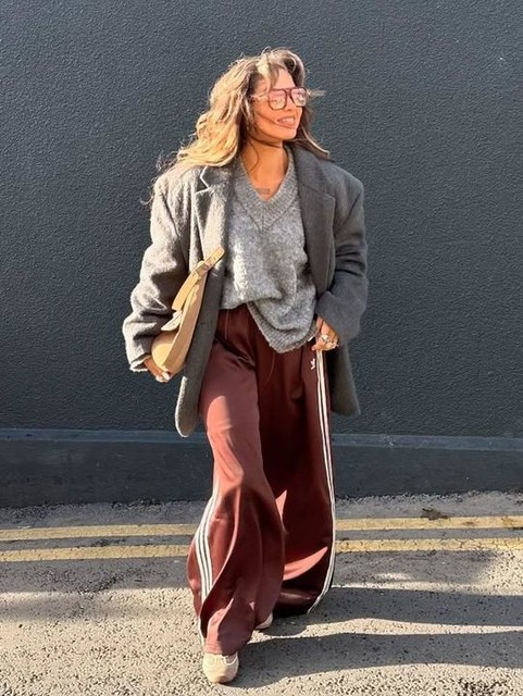 adidas Originals wide leg satin joggers in brown  