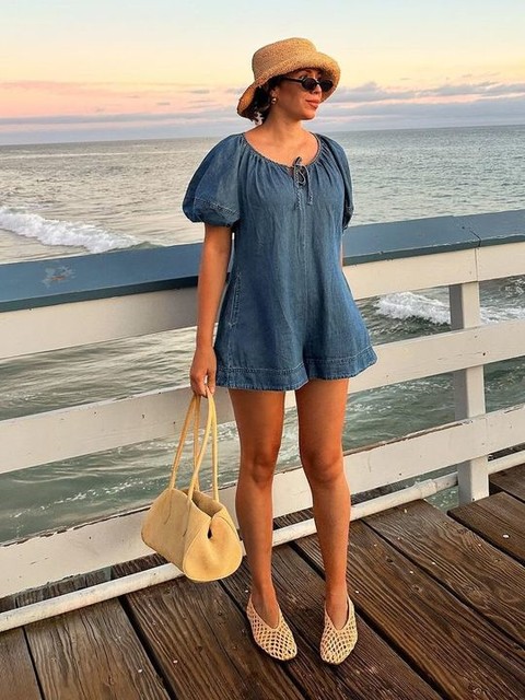 ASOS DESIGN soft denim playsuit with balloon sleeves in dark mid blue