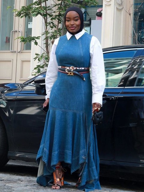 ARRANGE square cut midi dress in denim