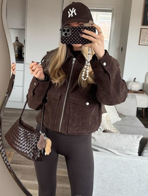 Topshop faux suede bomber jacket with popper details in chocolate