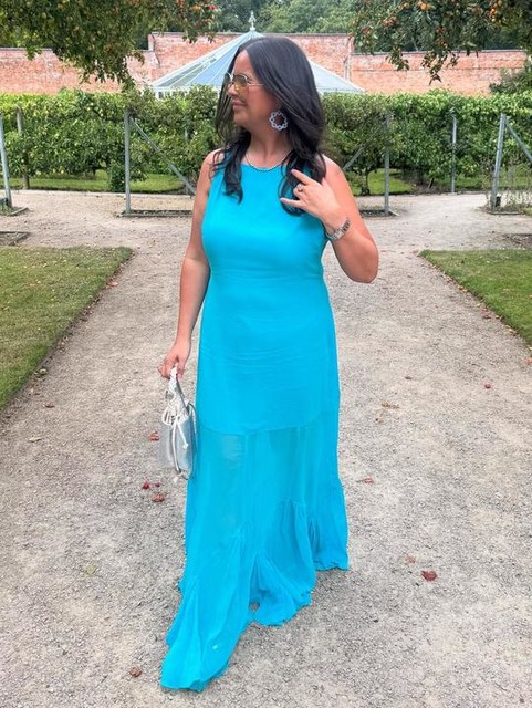 ASOS DESIGN dropped waist maxi dress with full godet hem in aqua blue