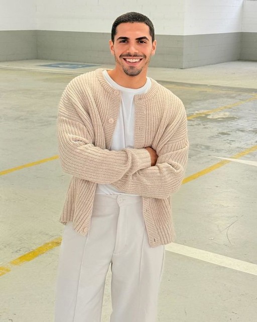 ASOS DESIGN oversized boxy fit heavyweight knitted crew neck cardigan in beige marl