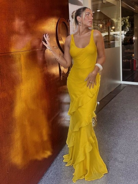 ASOS DESIGN Tall scoop neck maxi dress with ruffle skirt and cut out back in mustard