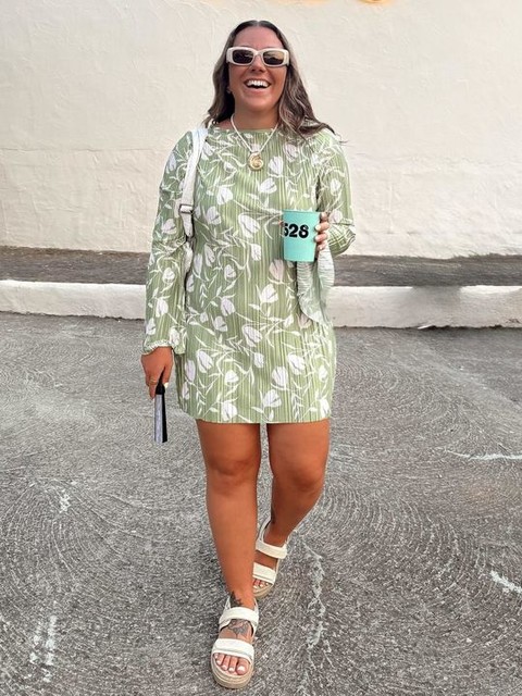 ASOS DESIGN long angel sleeve plisse mini dress in green and white print