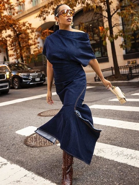 ARRANGE draped indigo denim maxi dress in Indigo