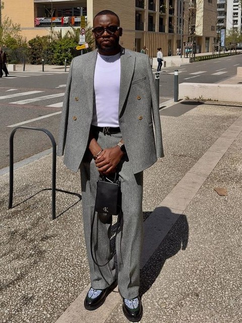 ASOS DESIGN heavyweight double breasted slim suit jacket in gray