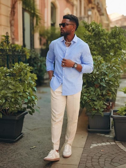 ASOS DESIGN formal easy iron stripe regular shirt in light blue