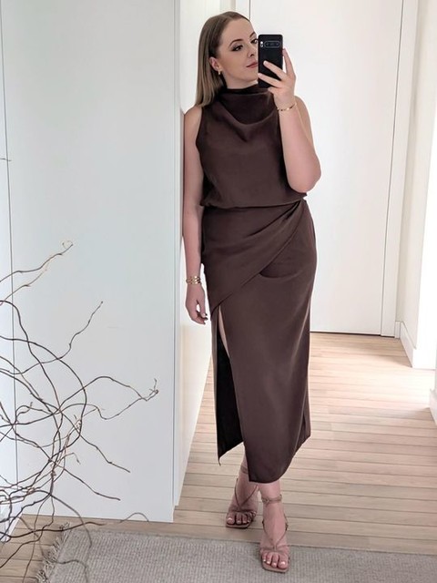 ASOS DESIGN high neck drape midi dress in dark chocolate
