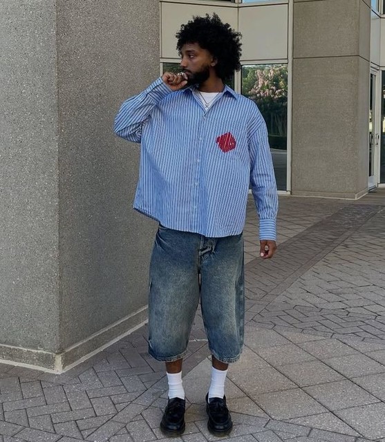 ASOS DESIGN oversized shirt in blue stripe with chest embroidery