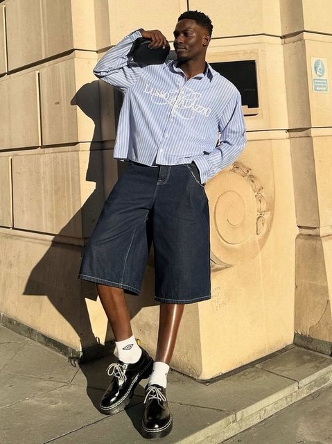 ASOS DESIGN relaxed fit striped shirt with embroidery in blue