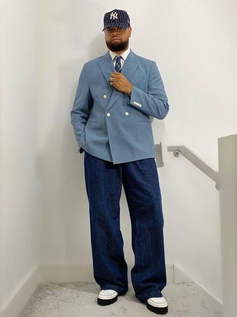 ASOS DESIGN double breasted suit jacket in blue texture