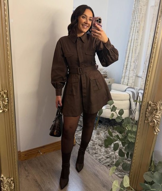 ASOS DESIGN utility shirt mini dress with belt in chocolate