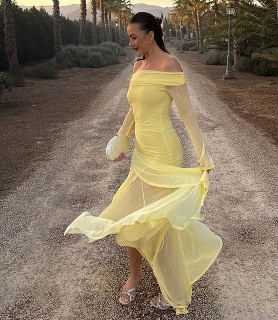 ASOS DESIGN stretch chiffon long sleeve bardot maxi dress with ruffle hem in pastel yellow