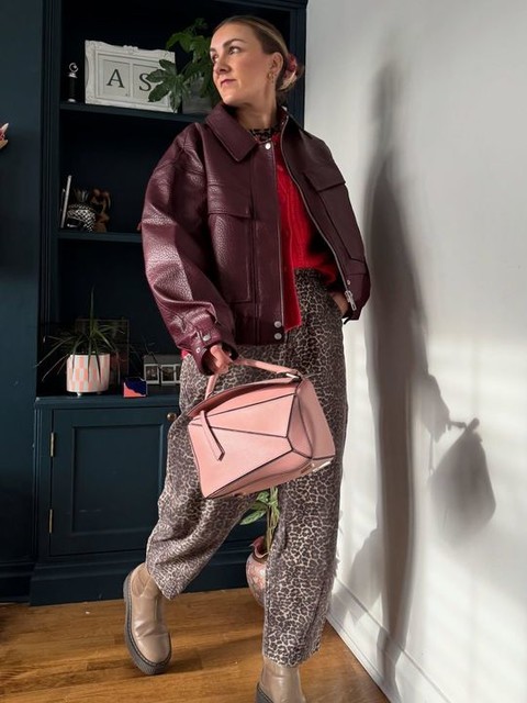 Topshop oversized faux leather bubble boxy zip through bomber jacket in burgundy