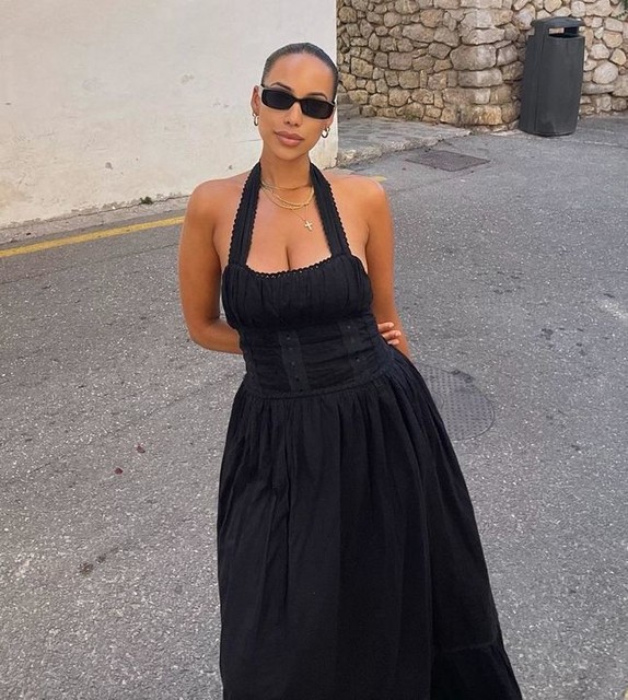 ASOS DESIGN halter neck lace prairie dress with pintucks in black