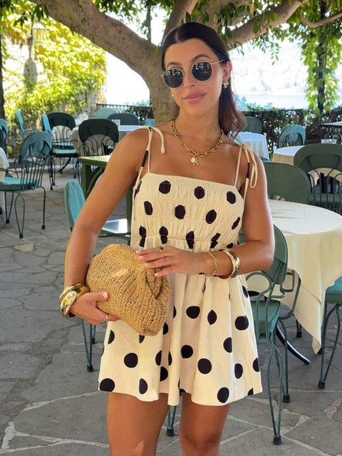 ASOS DESIGN shirred bust cotton linen blend mini dress in polka dot print