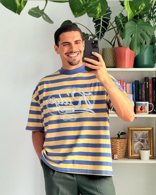 ASOS DESIGN boxy oversized striped t-shirt with front graphic in sand and blue