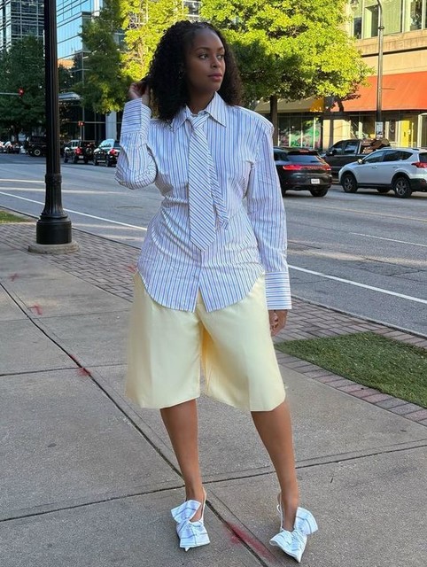 ASOS DESIGN cinch waist shirt with shoulder pads and tie in yellow stripe