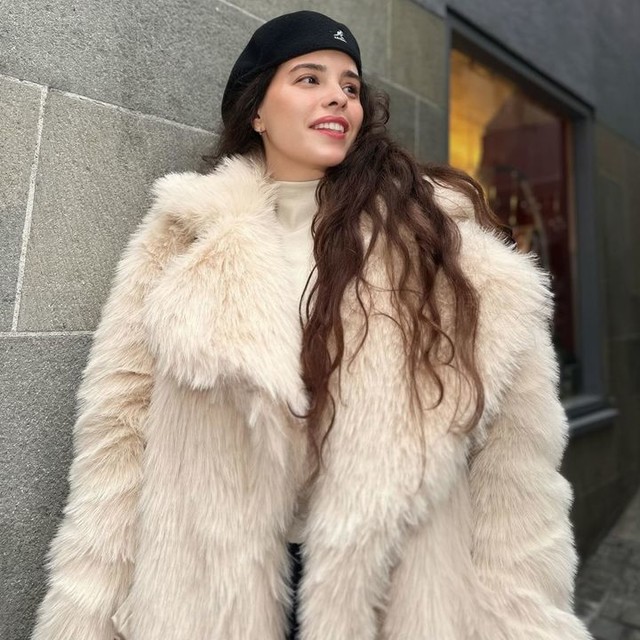 The Frolic exclusive faux fur maxi oversized collar maxi coat in beige